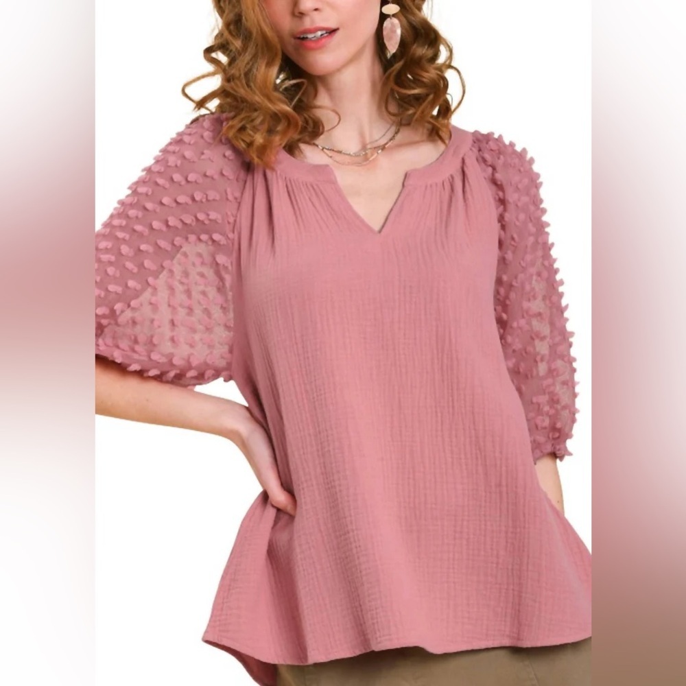 Umgee Mauve Textured Puff Sleeve Blouse Size Large‎